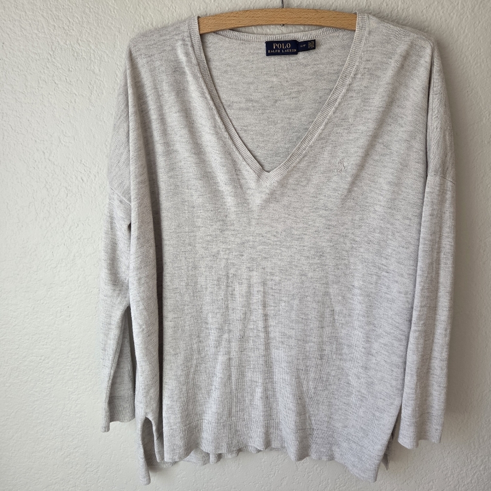 Polo Ralph Lauren Light Grey Size SP Long Sleeve Knit Sweater Wool Blend V-Neck